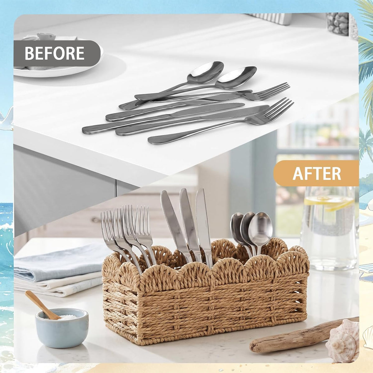 3 Compartment Paper Rope Utensil Holder Silverware Caddy Basket