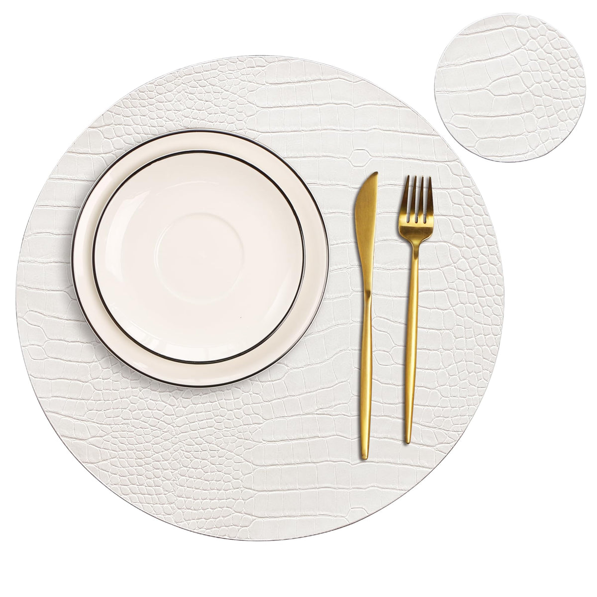 Jovono Round Leather Placemats for Round Tables Set of 4, Brown Place Mats and Coasters, Wipeable Waterproof Heat Resistant Table Mats Easy to Care for Indoor Decor 13 inch Diameter