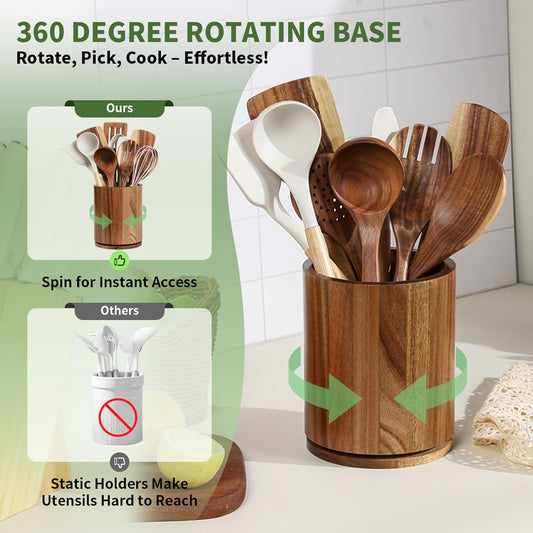 Acacia Wood Utensil Holder, 360° Rotating 7.3 in Kitchen Organizer