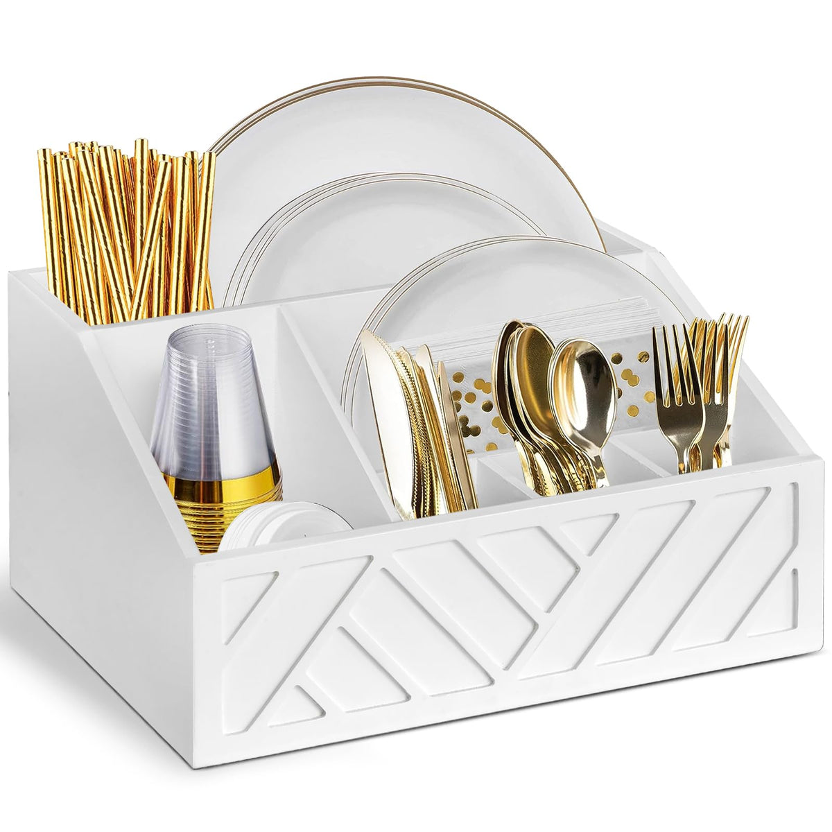 Ukonvi Paper Plate Dispenser and Holder for Kitchen Counter, Wood Rustic Silverware Utensil Caddy, Cutlery Flatware Organizer Box for Cups Spoons Forks Napkins, Kitchen Accessories