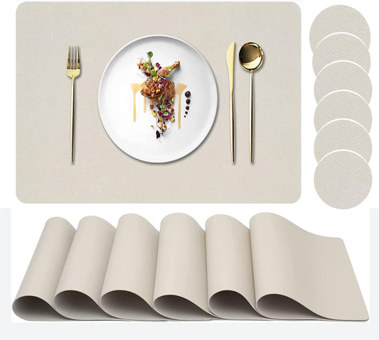 Placemats Set of 6, Faux Leather Place Mats with Coasters, Waterproof, Stain Resistant, Heat Resistant, Easy to Clean PU Table Mats for Dining Table and Decor (Set of 6, Rectangle Cream White)