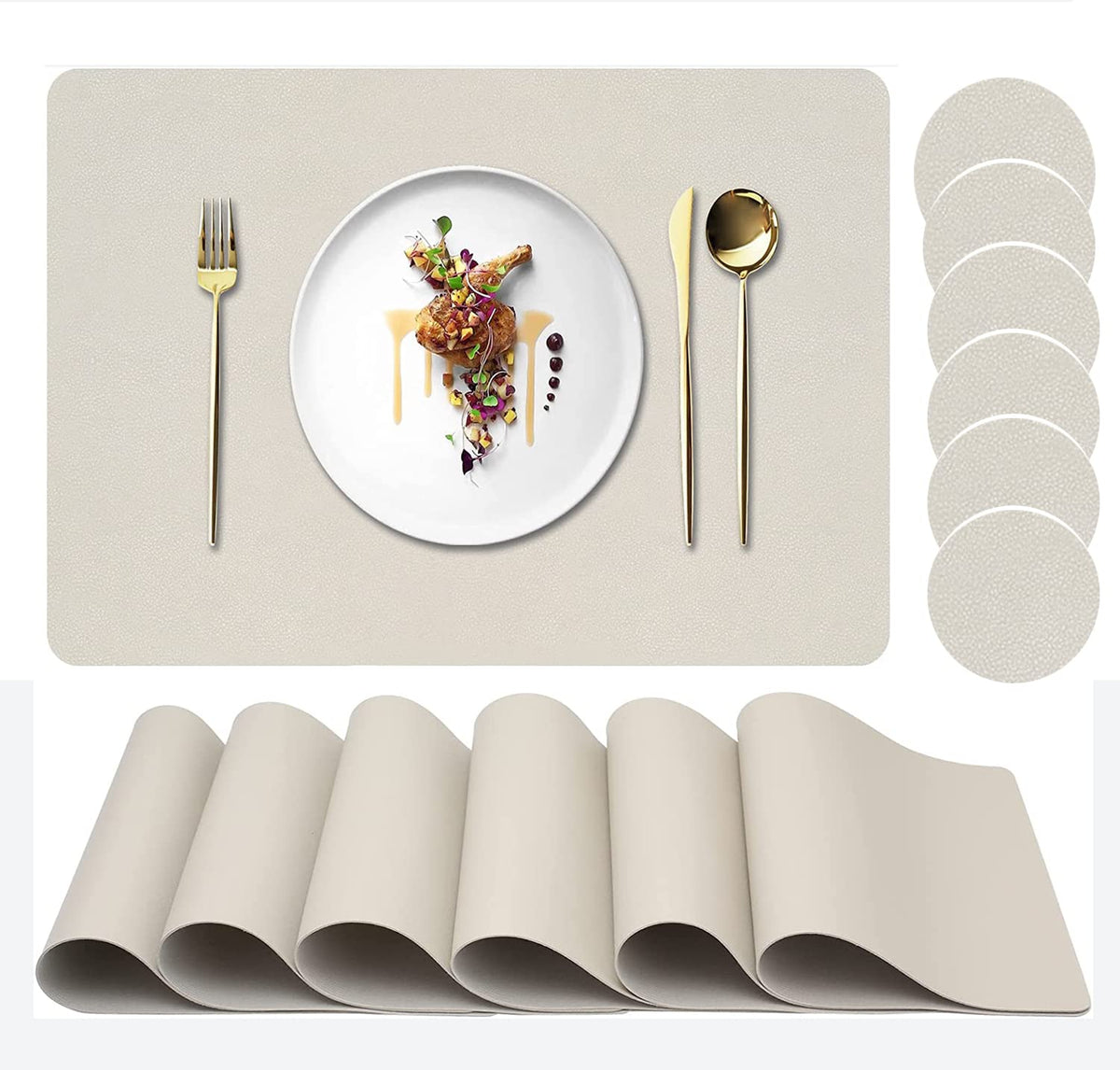 Placemats Set of 6, Faux Leather Place Mats with Coasters, Waterproof, Stain Resistant, Heat Resistant, Easy to Clean PU Table Mats for Dining Table and Decor (Set of 6, Rectangle Cream White)