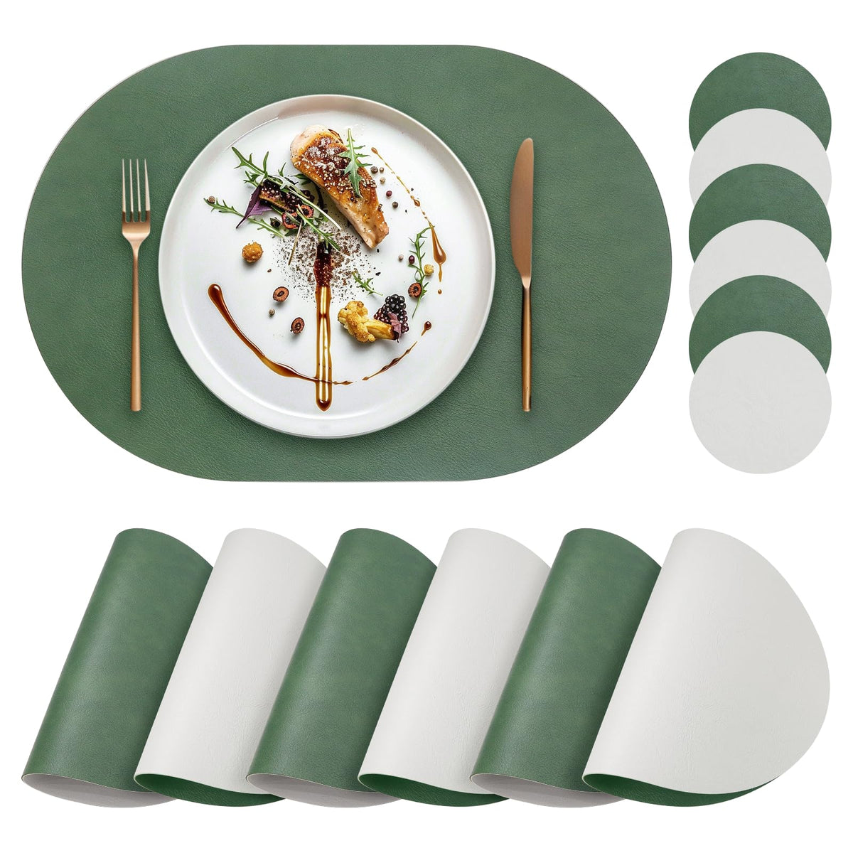 Faux Leather Placemats Set of 4 with Matching Coasters, Heat Resistant PU Oval Placemats, Waterproof Wipeable Washable Place Mats, Non-Slip Table Placemats for Dining Table Kitchen Patio