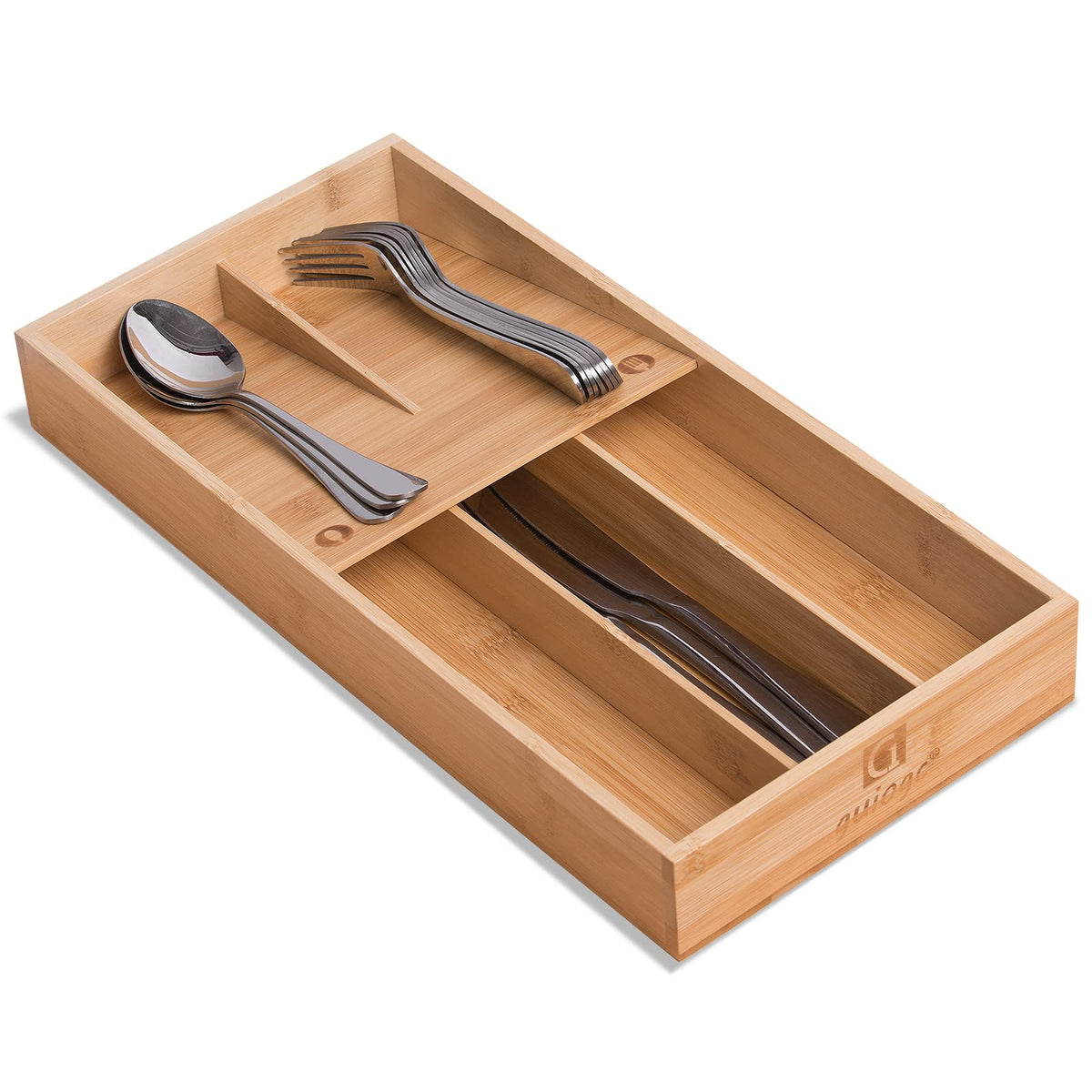 guiogc Bamboo Silverware Drawer Organizer, Kitchen Small Silverware Organizer, Utensil Tray Holder, Cutlery Tray for Spoons, Forks, Knives, Suitable for a family of 2-4