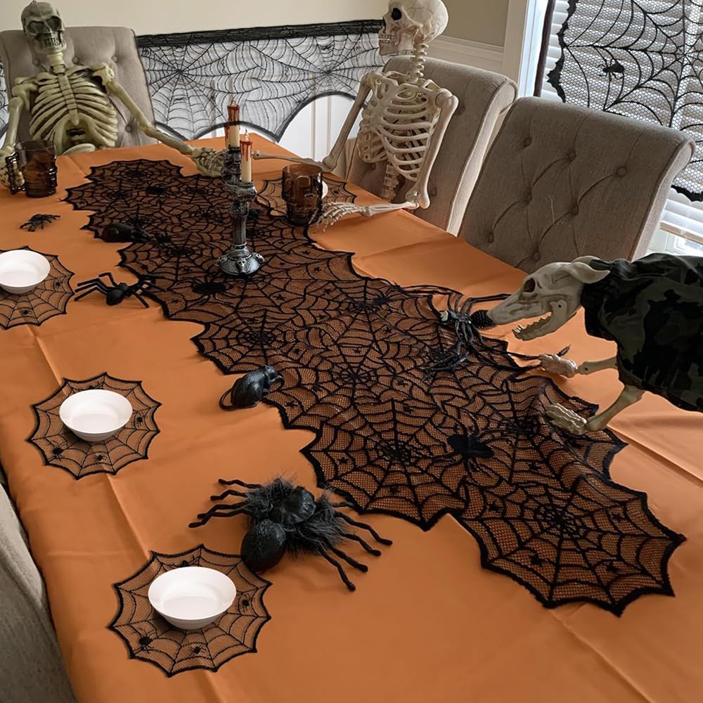 4 Pcs Halloween Spider Wed Placemats 12inch Black Round Lace Gothic Table Mats Hollow Out Spiderweb Coasters for Halloween Kitchen Table Decoration