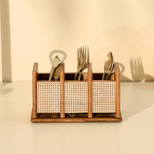 Brick Brown ® Premium Wooden Nora Cutlery Holder Spoon Stand for Kitchen | Cutlery holder for Dining table | Wooden Caddy Storage Organiser Stand with 3 Section Caddy Holder (8.4x4x4.7 inch)