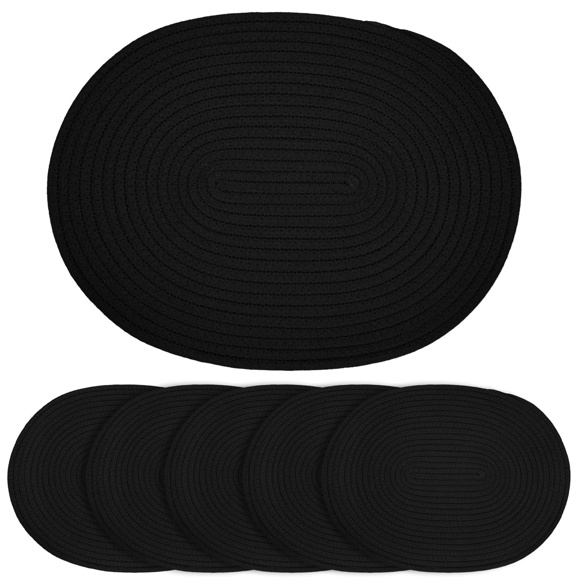 Oval Woven Cotton Placemats Set of 6, Thick Braided Rope Table Mats, 17 x 13 Inches Large Non Slip Heat Resistant Place Mats for Dining Table, Farmhouse Boho Hot Pads for Kitchen Decor (6, Black)