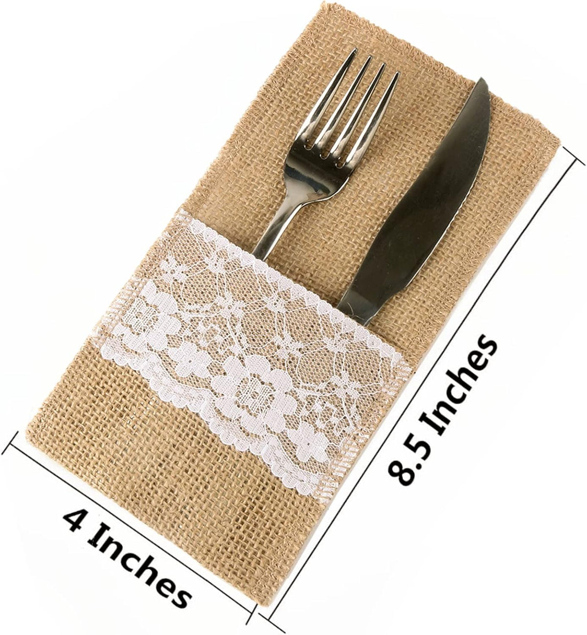 FQTANJU 50 PCS 4"x8" Burlap Lace Utensil Cutlery Holders Pouch Silverware Holder Knifes Forks Bags Burlap Napkin Bag for Rustic Wedding Party Decorations favors