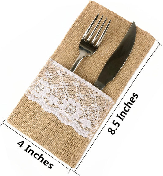 FQTANJU 50 PCS 4"x8" Burlap Lace Utensil Cutlery Holders Pouch Silverware Holder Knifes Forks Bags Burlap Napkin Bag for Rustic Wedding Party Decorations favors