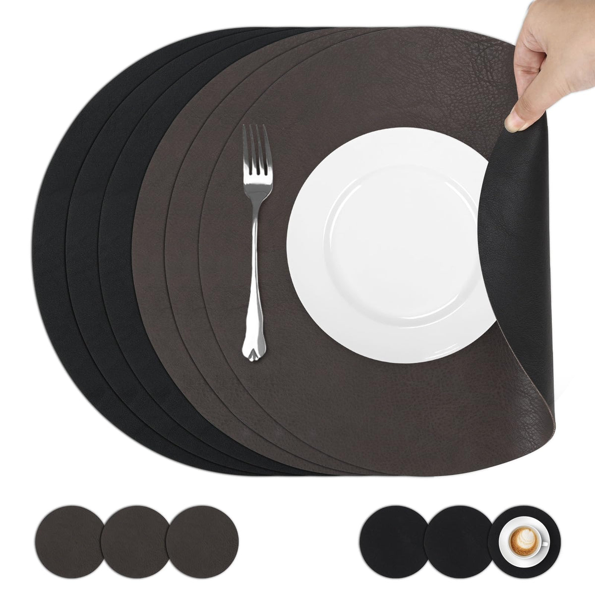 comfoyar Faux Leather Round Placemats with Coasters Set of 6, 13Inch Heat Resistant Dual-Sided Dark Brown Place Mats, Waterproof Washable Wipeable Table Mats for Kitchen Dining Party Table Decoration