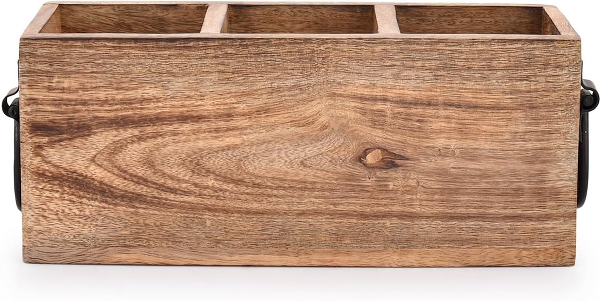 Samhita Mango Wood Cutlery Holder Caddy Organizer Wooden Utensil Storage Organizer Countertop for Silverware Fork Spoon Spatula 3 compartments (11" x 4" x 4.5")