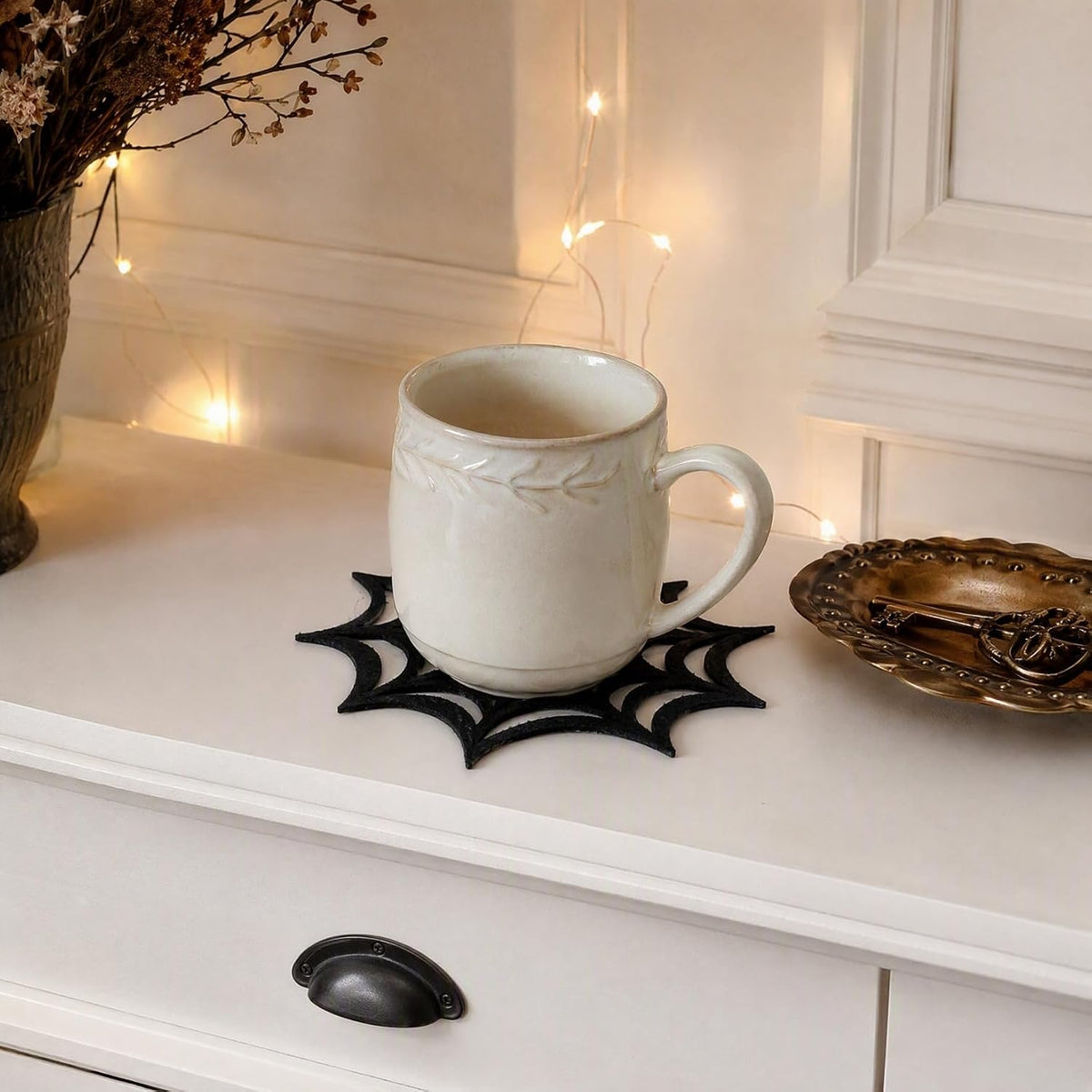 SHOWERORO Halloween Cobweb Coasters Set of 6 Black Felt Spider Web Placemats Heat Resistant Drink Coasters for Party Table Protection and Seasonal Decoration