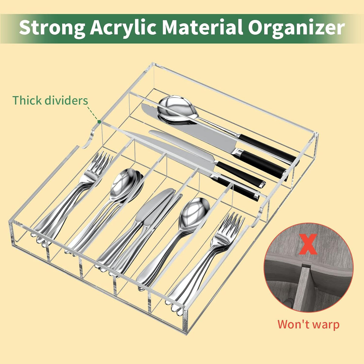 NIUBEE Acrylic Utensil Silverware Tray for Drawer, Clear Cutlery Organizer