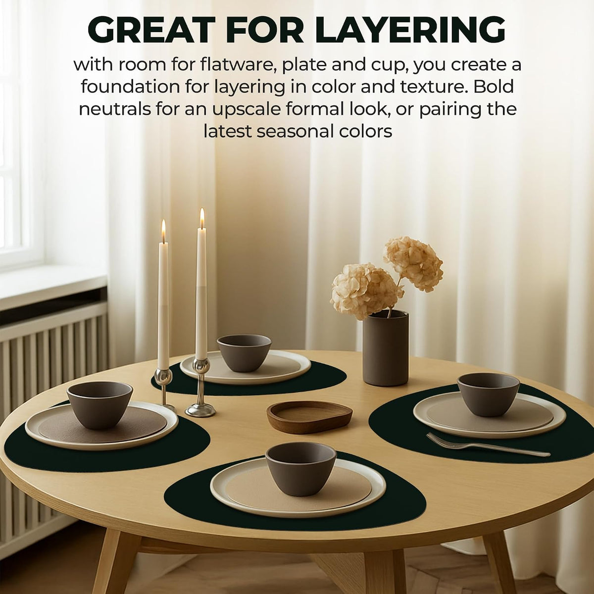 Faux Leather Placemats and Coasters - Set of 4 Round Modern Dark Green Table Mats for Dining - Heat Resistant, Waterproof & Non Slip Place mat for Indoor & Outdoor - Wipeable for Easy Care