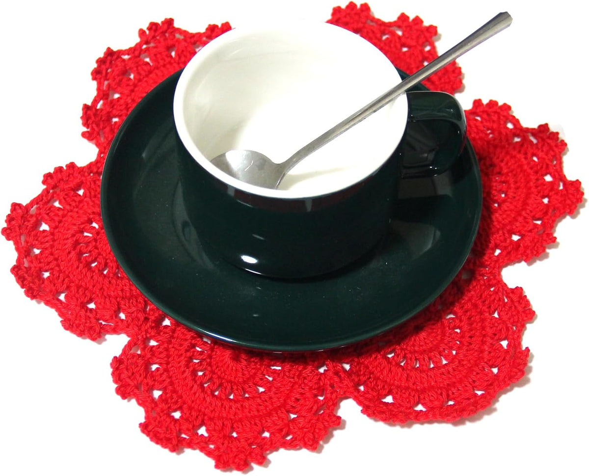2PCS 10 Inch Sunflower Crochet Place Mats Lace Doilies Coasters Handmade Round Spliced Sunflower Table Cup Mats Easter Mother's Day Decoration,Red