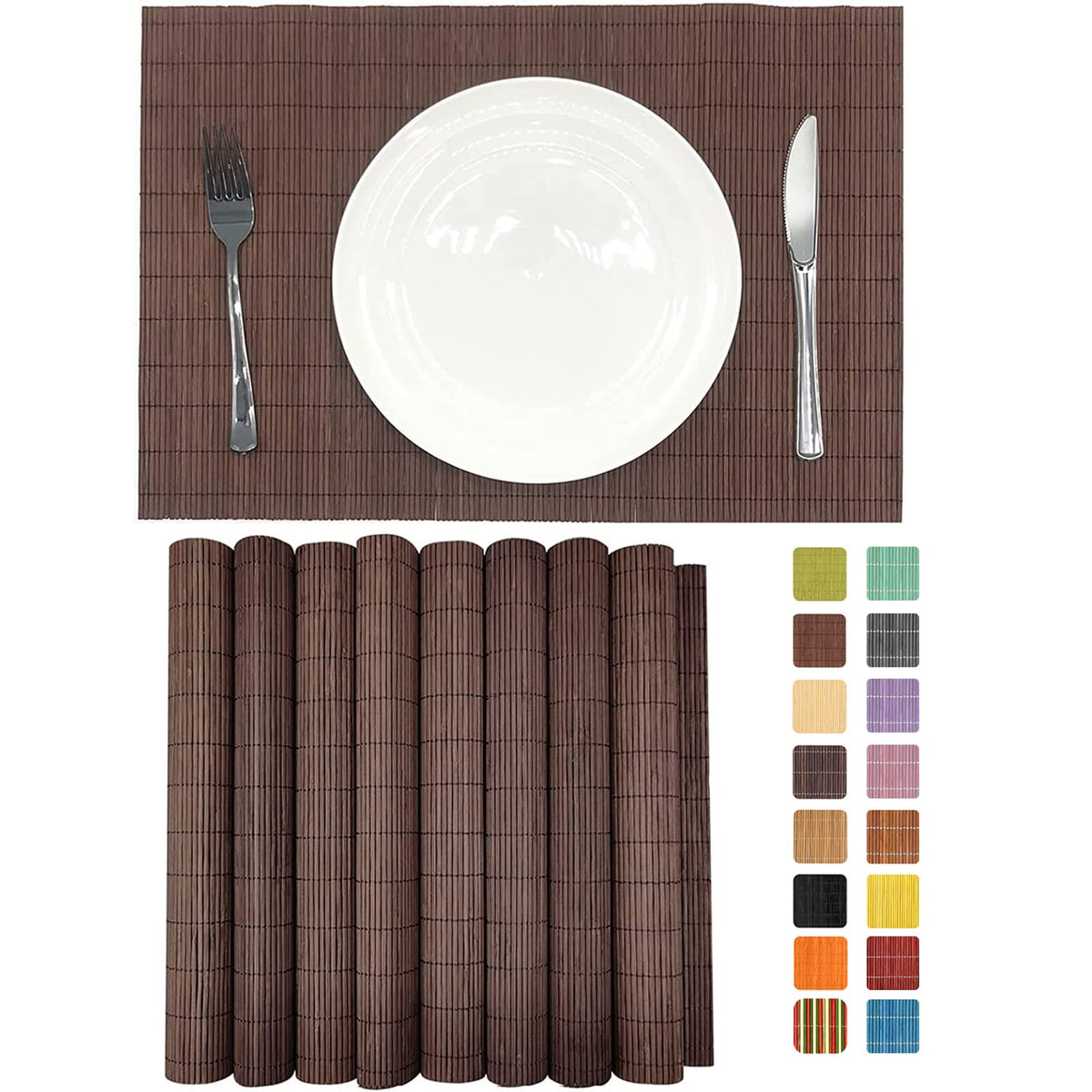 Non-Slip Bamboo Placemats Set of 6, 17.7x11.8 Inch - Heat Resistant & Easy-Clean, Natural Woven Table Mats for Daily Dining, Family Meals or Home Decor (Brown)