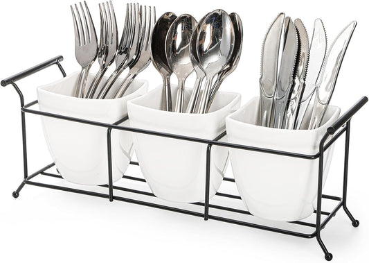 Bekith 3-Piece Ceramic Flatware Caddy with Metal Rack, Utensil Holder Silverware Caddy Cutlery Organizer, White