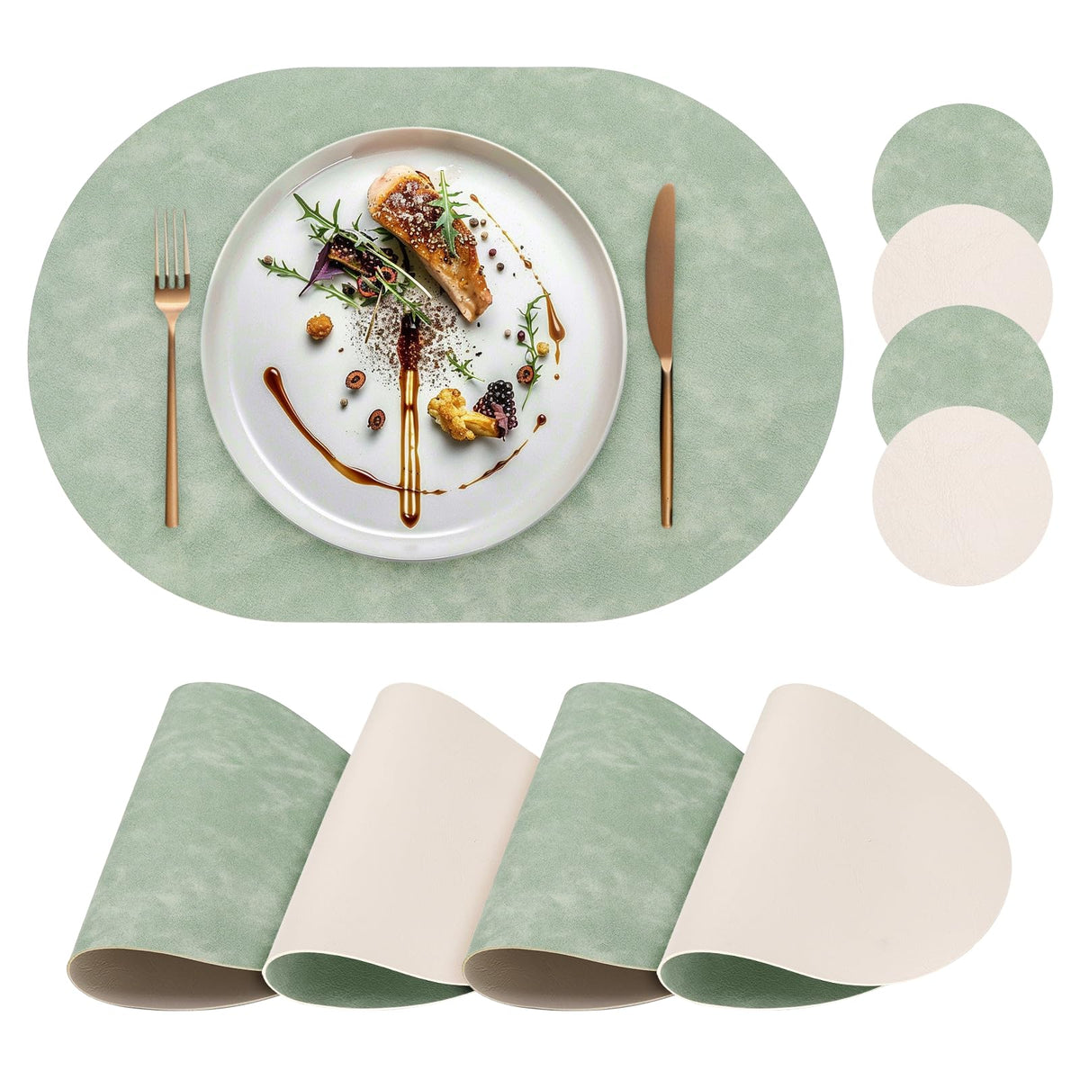 Faux Leather Placemats Set of 4 with Matching Coasters, Heat Resistant PU Oval Placemats, Waterproof Wipeable Washable Place Mats, Non-Slip Table Placemats for Dining Table Kitchen Patio