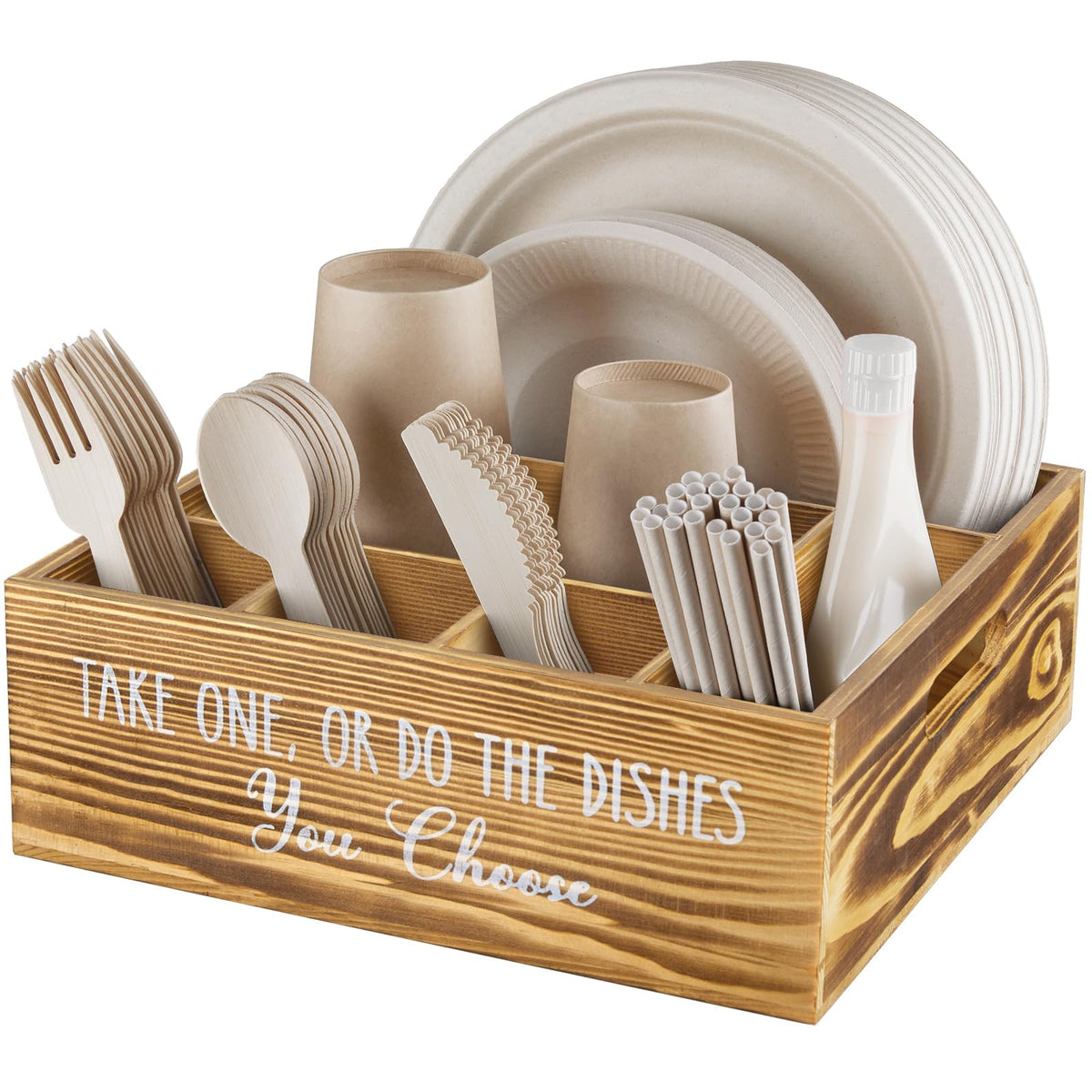 ALELION Acacia Wood Utensil Holder for Party - Paper Plate Organizer for Countertop - Silverware Caddy with 6 Compartments for Plate, Cup, Fork, Spoon - Cutlery Holder for Kitchen Camping Buffet