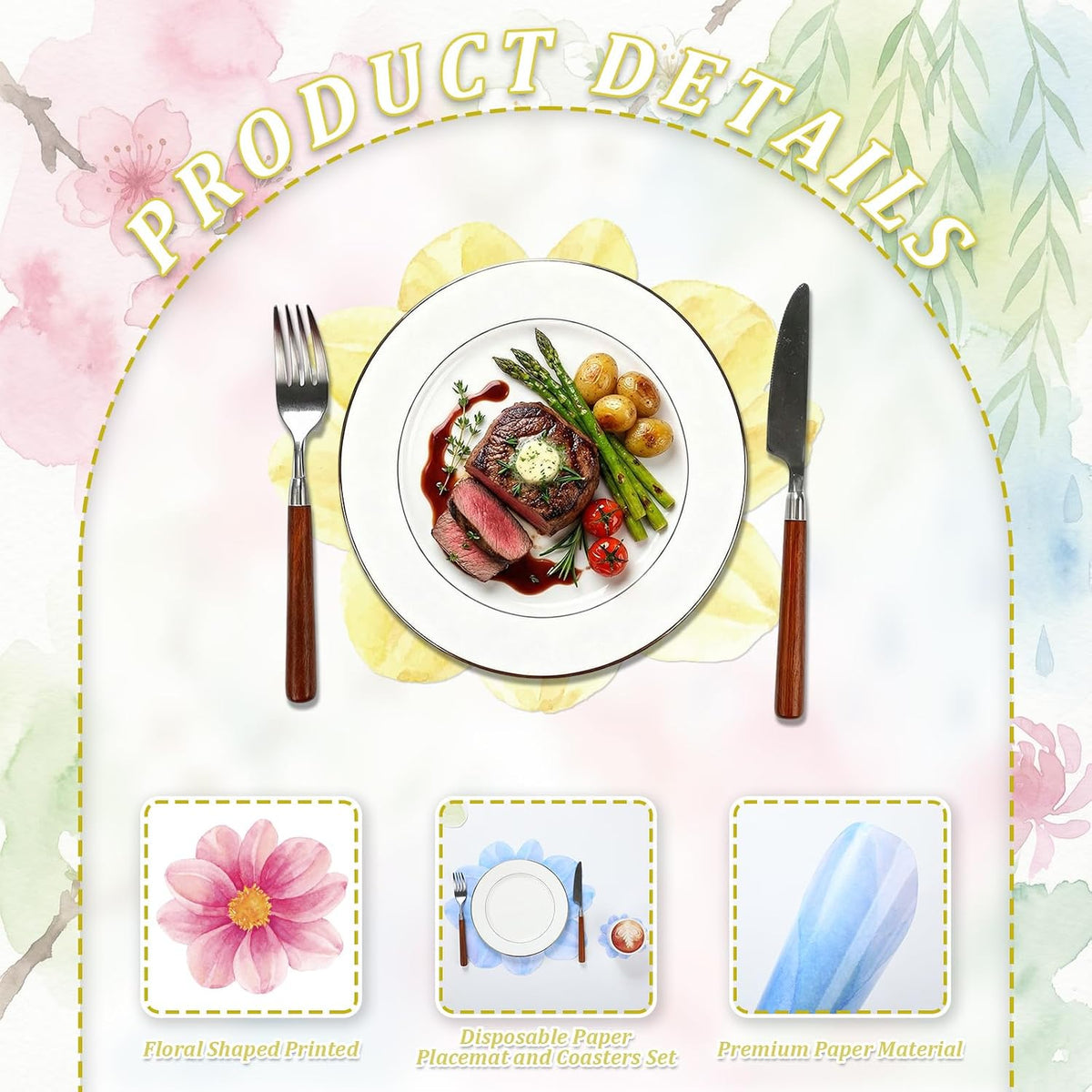 Qinyoung 96 Pcs Floral Paper Placemats and Coasters Set Disposable