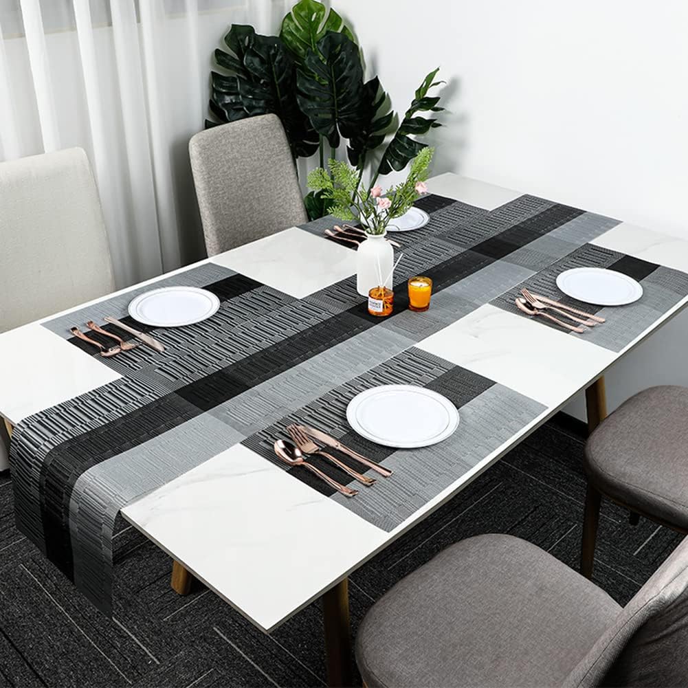 Placemats, Washable PVC Table Mats, Woven Vinyl Placemat for Dining Table Place Mats Set (6 Placemats and 1 Table Runner, Black and Grey)
