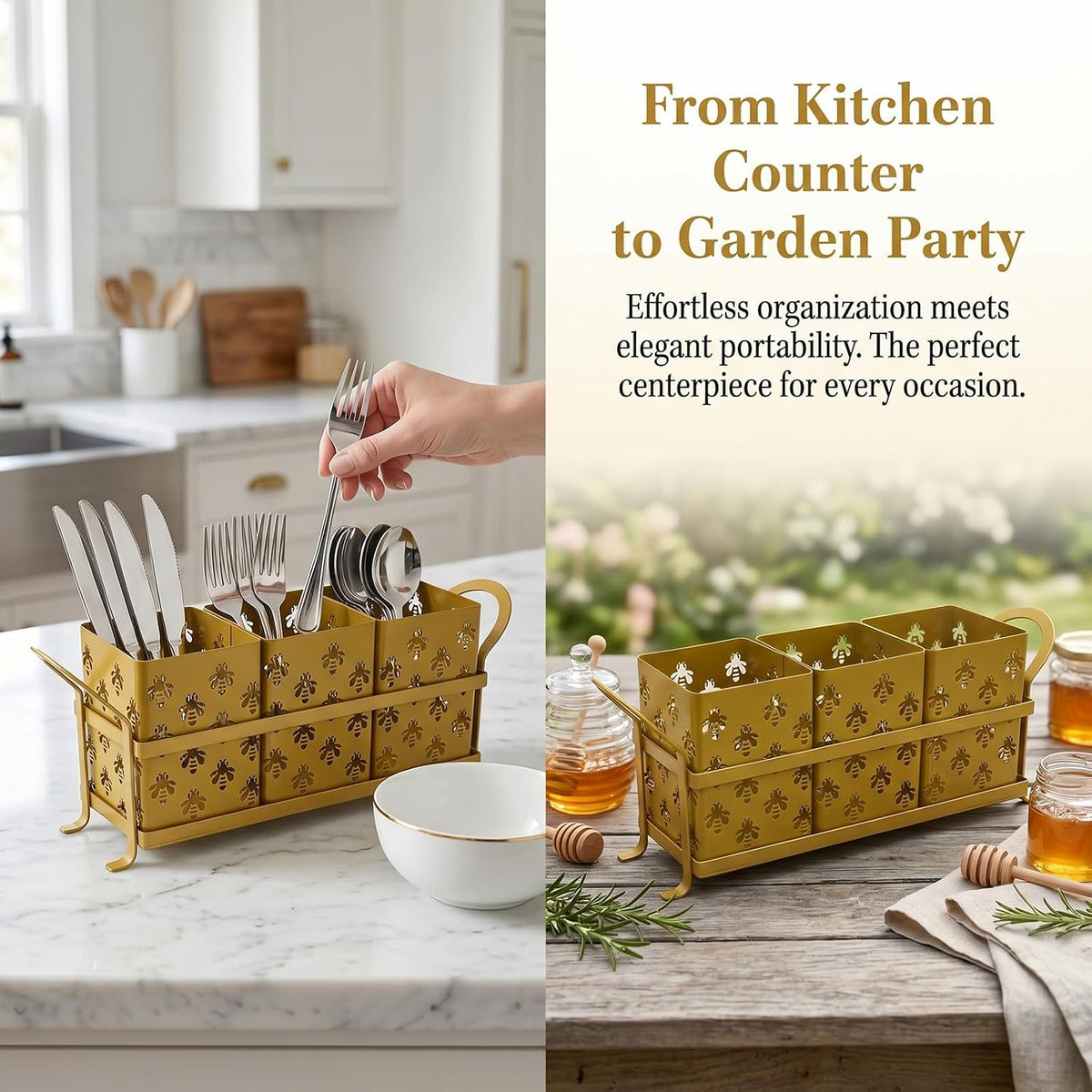 Silverware Holder with Bee Design, Metal Utensil Caddy with Handles