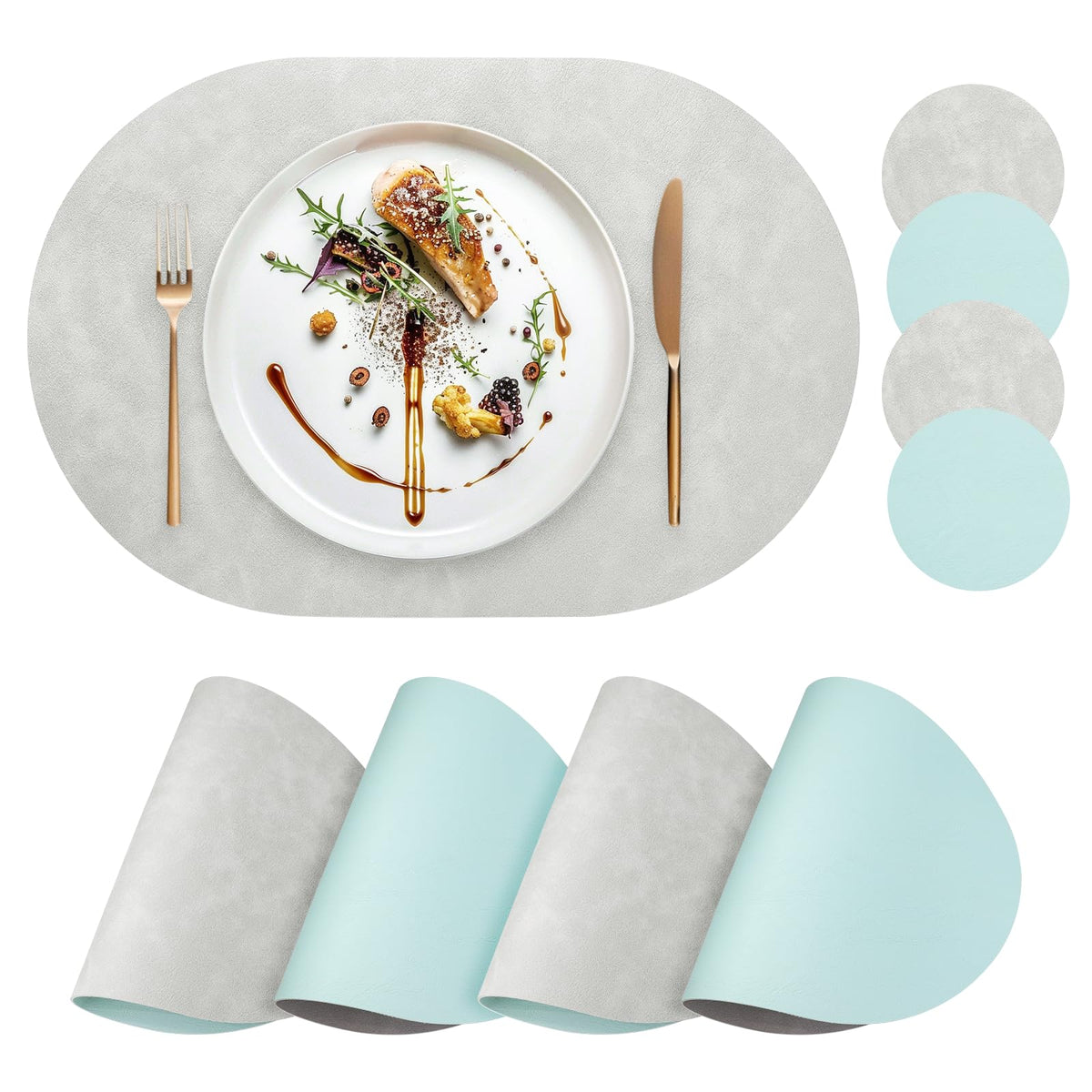 Faux Leather Placemats Set of 4 with Matching Coasters, Heat Resistant PU Oval Placemats, Waterproof Wipeable Washable Place Mats, Non-Slip Table Placemats for Dining Table Kitchen Patio