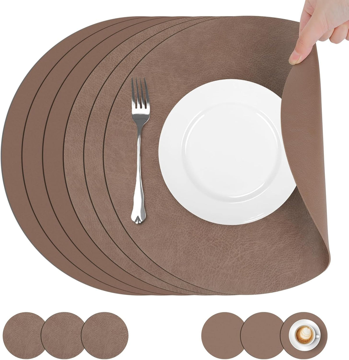 comfoyar Faux Leather Round Placemats with Coasters Set of 6, 13Inch Heat Resistant Dual-Sided Dark Brown Place Mats, Waterproof Washable Wipeable Table Mats for Kitchen Dining Party Table Decoration