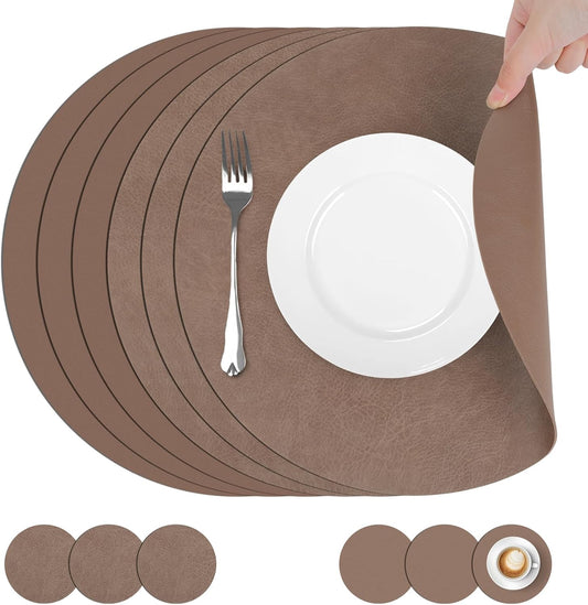 comfoyar Faux Leather Round Placemats with Coasters Set of 6, 13Inch Heat Resistant Dual-Sided Dark Brown Place Mats, Waterproof Washable Wipeable Table Mats for Kitchen Dining Party Table Decoration