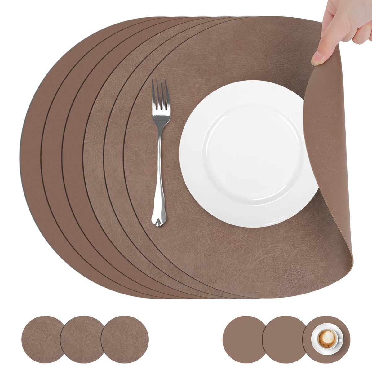 comfoyar Faux Leather Round Placemats with Coasters Set of 6, 13Inch Heat Resistant Dual-Sided Dark Brown Place Mats, Waterproof Washable Wipeable Table Mats for Kitchen Dining Party Table Decoration