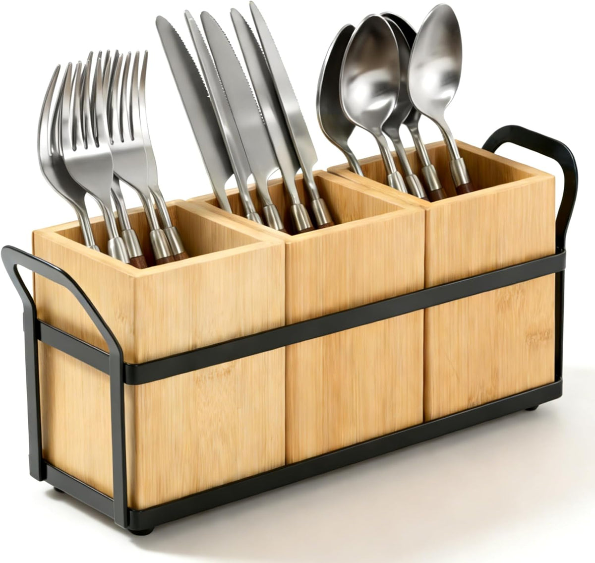Bamboo Silverware Caddy for Kitchen Countertop, Wooden Utensil Holder