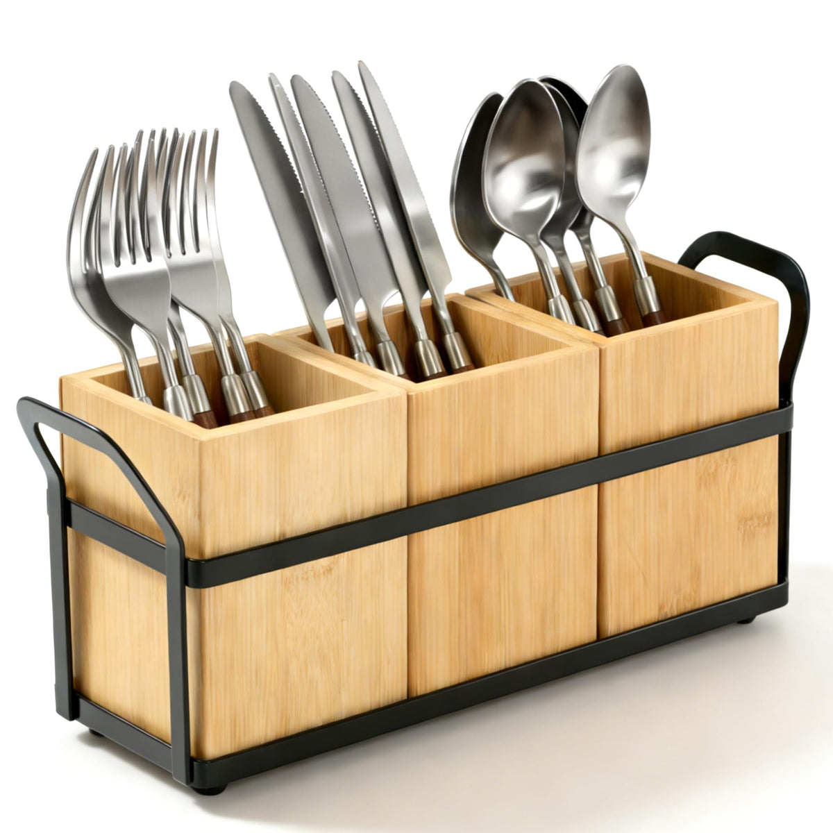 Bamboo Silverware Caddy for Kitchen Countertop, Wooden Utensil Holder