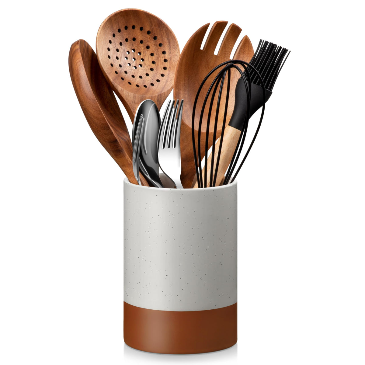 MALACASA Utensil Holder, 7.3"+5.5" Ceramic Kitchen Utensil Holder for Countertop, Large Cooking Utensil Crocks for Kitchen Counter, Farmhouse Utensils Organizer, Set of 2, Khaki White, Series TARA
