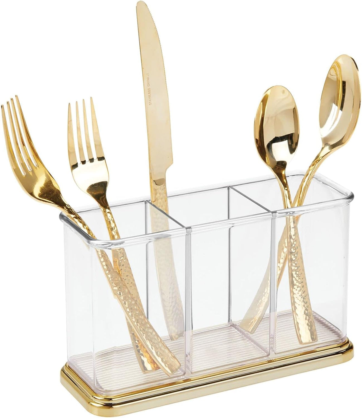mDesign Plastic Cutlery Utensil Holder Storage Organizer Caddy for Kitchen Countertop Organization - Holds Fork, Knife, Spoon, Silverware - 3 Divided Sections - Hyde Collection - Clear/Soft Brass