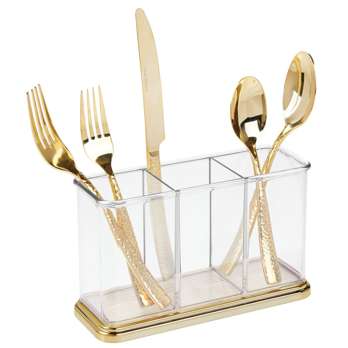 mDesign Plastic Cutlery Utensil Holder Storage Organizer Caddy for Kitchen Countertop Organization - Holds Fork, Knife, Spoon, Silverware - 3 Divided Sections - Hyde Collection - Clear/Soft Brass