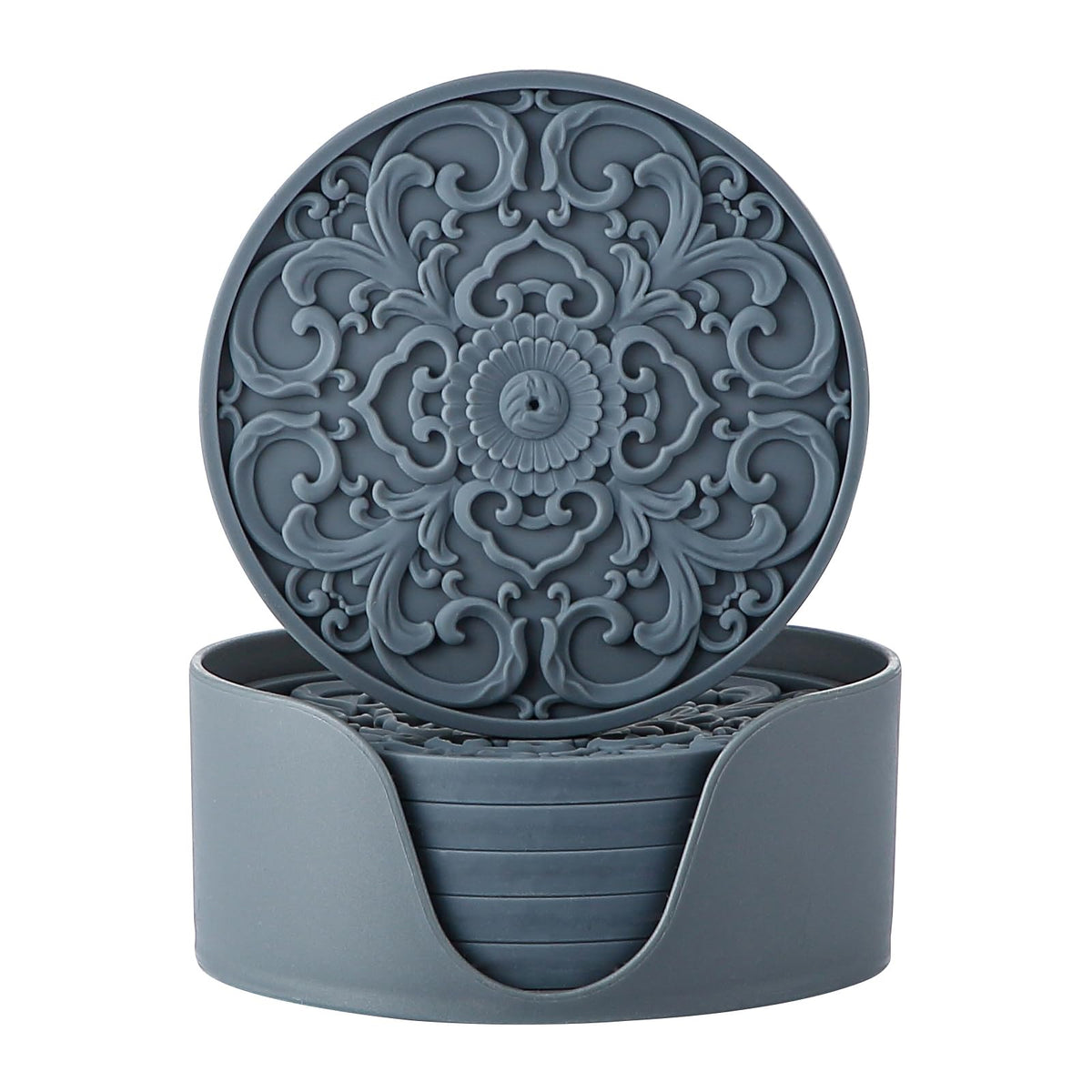 Colinda Silicone Coasters - Set of 6 with Holder, Non-Slip Cup Mats for Hot and Cold Drinks, Decorative Designs, Gift Ready Packaging, Cool Grey