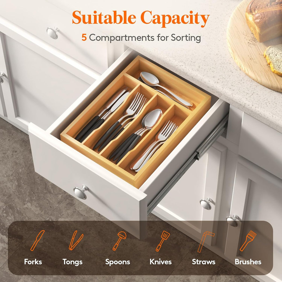 Lifewit Bamboo Silverware Tray for Drawer, 8.6 x 12.5