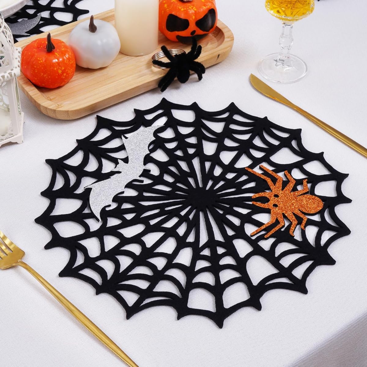 Halloween Spider Web Placemats Set of 6, Hollow Out Spider Web Coasters Placemat Dining Table Mats Decor for Holiday Party Decorations