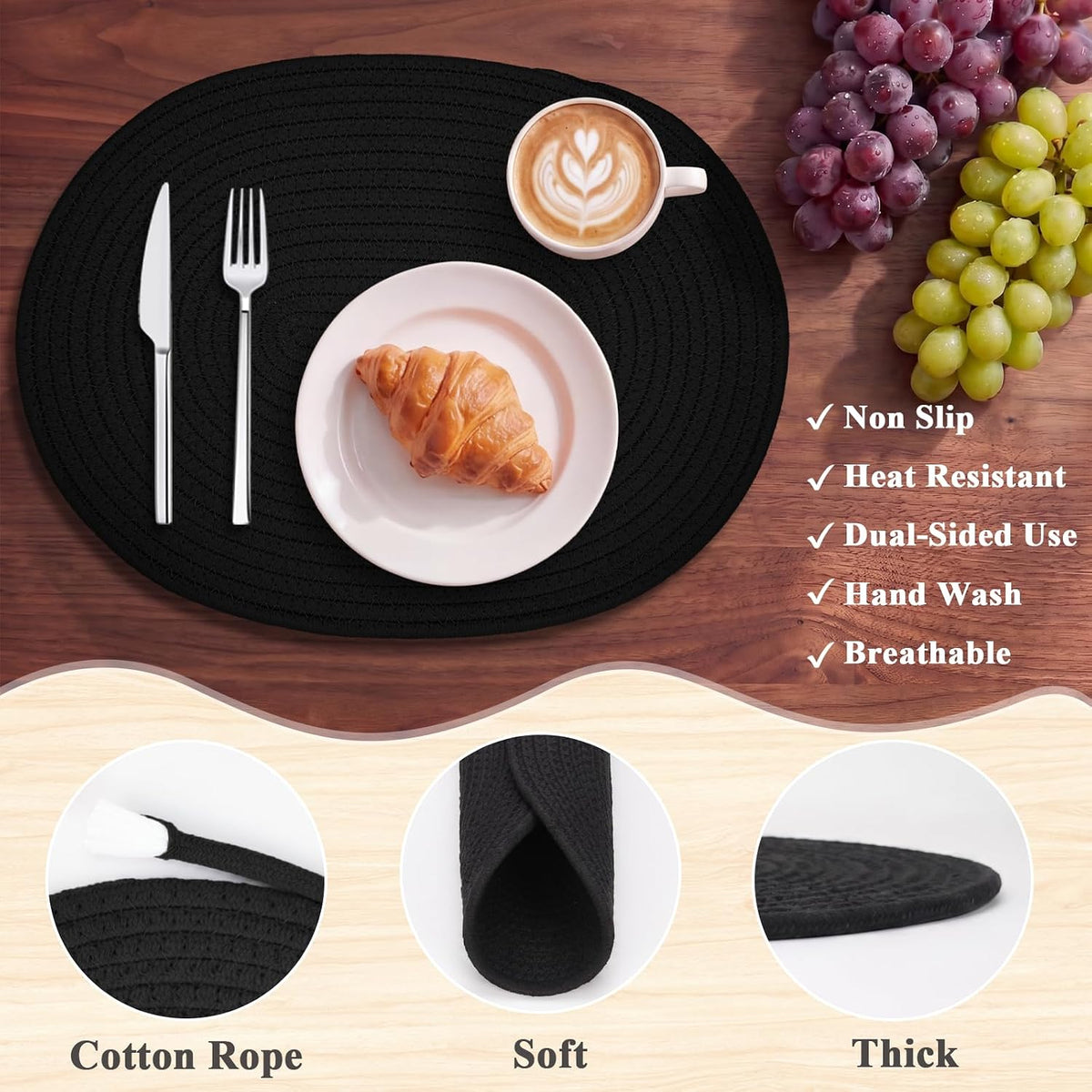 Oval Woven Cotton Placemats Set of 6, Thick Braided Rope Table Mats, 17 x 13 Inches Large Non Slip Heat Resistant Place Mats for Dining Table, Farmhouse Boho Hot Pads for Kitchen Decor (6, Black)
