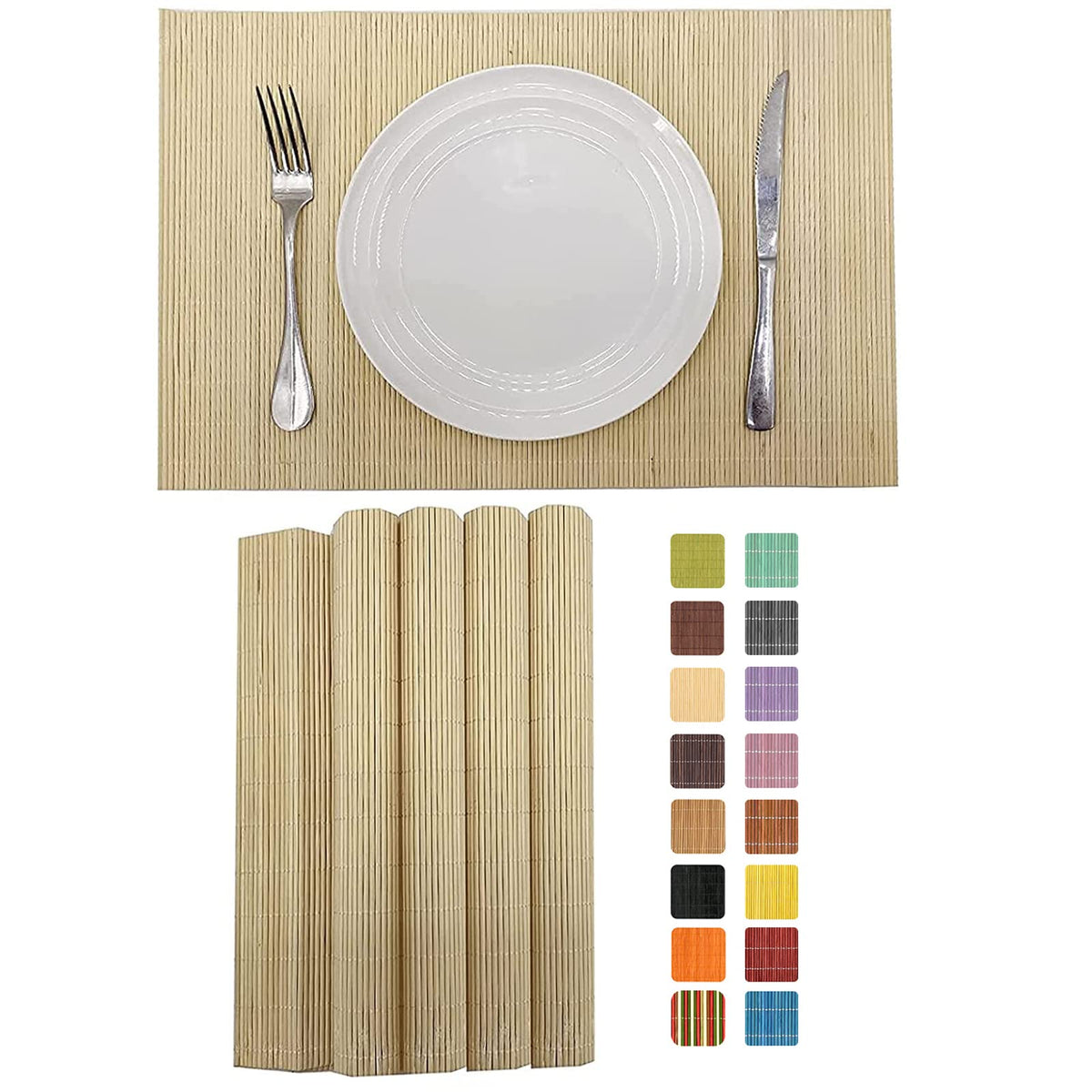 Non-Slip Bamboo Placemats Set of 6, 17.7x11.8 Inch - Heat Resistant & Easy-Clean, Natural Woven Table Mats for Daily Dining, Family Meals or Home Decor (Brown)