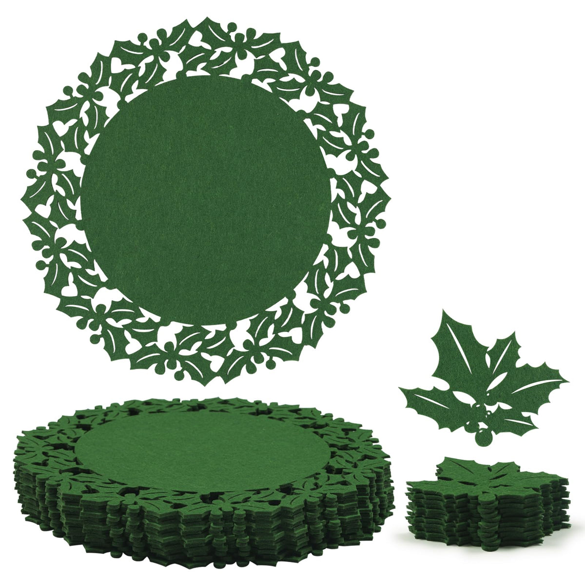 Noctiflorous Round Felt Placemats with Coasters Set of 6 Diameter 13 inch Non Slip Place Mats Heat Resistant Durable Tablemats Fall Table Decorations for Dining Table(Christmas Green, 6)