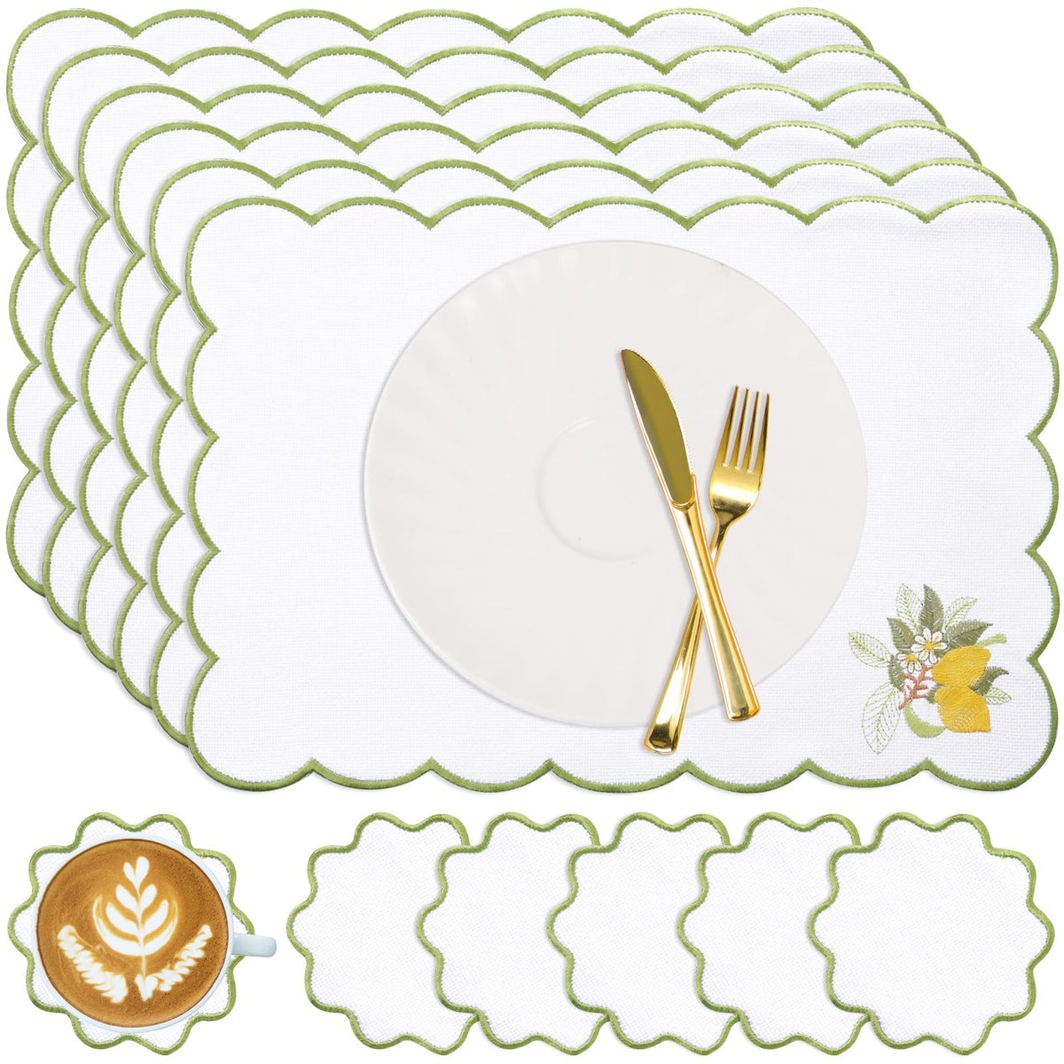 Set of 12 Lemon Cotton Linen Placemats Coaster, 12 x 17 Heat Resistant Embroidery Scalloped Placemats, 4" Summer Kitchen Coaster Double Layered Rustic Dinner Table Decoration(Linen and White)