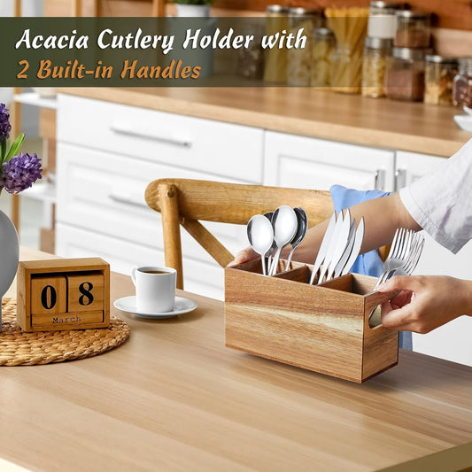 DRASTAR Silverware Holder, Acacia Wooden Utensil Caddy, Silverware Organizer Countertop, Cutlery Holder for Party, Fork Spoon Knife Organizer