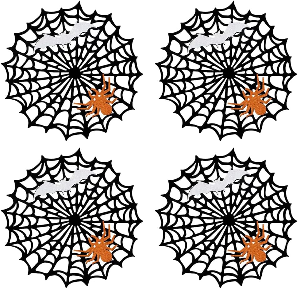 Halloween Spider Web Placemats Heat Insulated Place Mats Hollow Out Black Spiderweb Coasters Placemat for Dining Table Decoration Party Supplies Decor, 4 Pcs