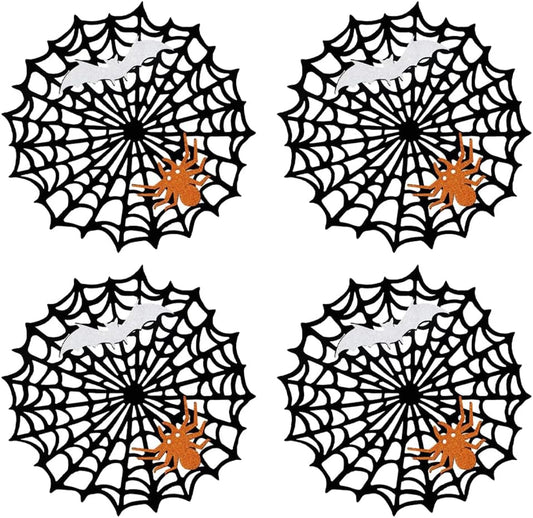 Halloween Spider Web Placemats Heat Insulated Place Mats Hollow Out Black Spiderweb Coasters Placemat for Dining Table Decoration Party Supplies Decor, 4 Pcs