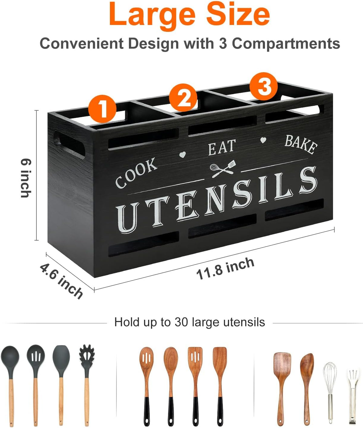 Large Black Wood Utensil Holder for Kitchen Decor Spoon Spatula Organizer