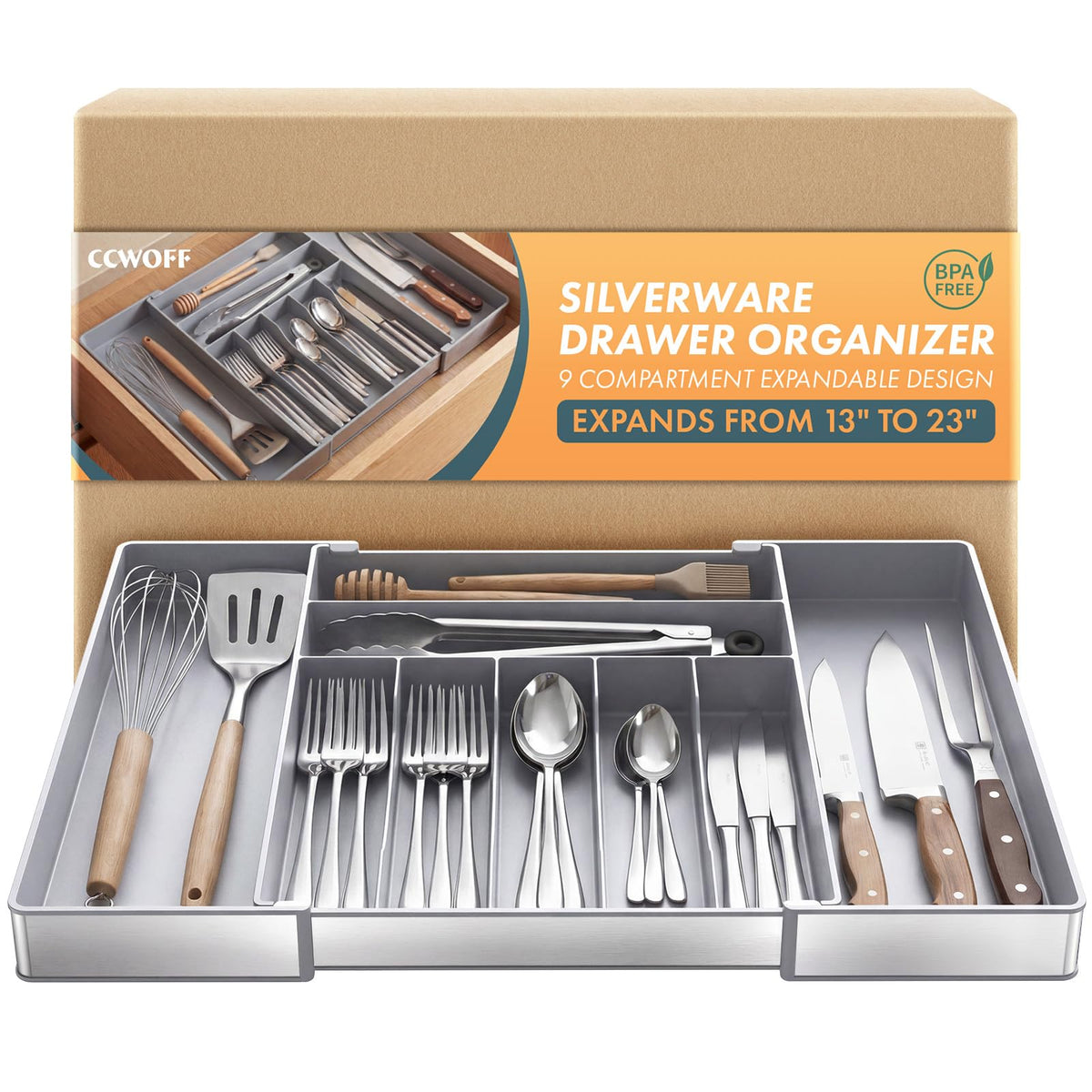 Silverware Drawer Organizer, 9 Slots Expandable Kitchen Drawer Organizer