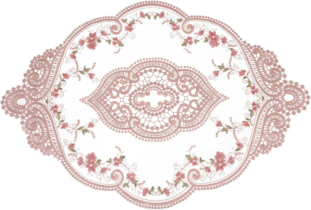 uxcell Retro Lace Placemat 12x17-in Oval Embroidered Table Place Mats French Crochet Doilies Coasters Cup Mat for Home Wedding, Dusty Rose