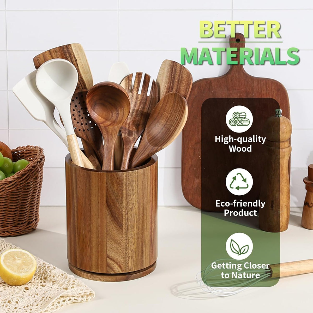 Acacia Wood Utensil Holder, 360° Rotating 7.3 in Kitchen Organizer