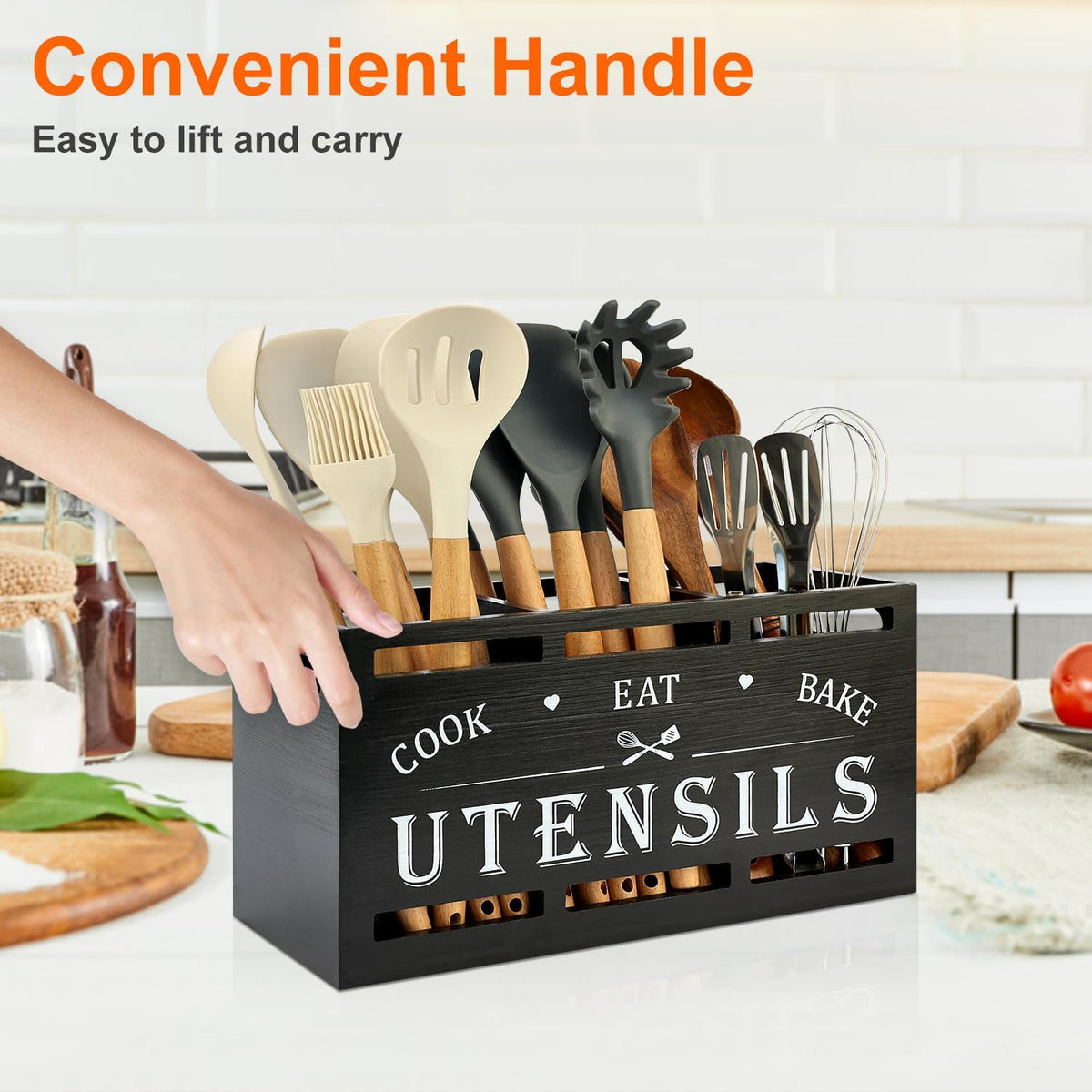 Large Black Wood Utensil Holder for Kitchen Decor Spoon Spatula Organizer